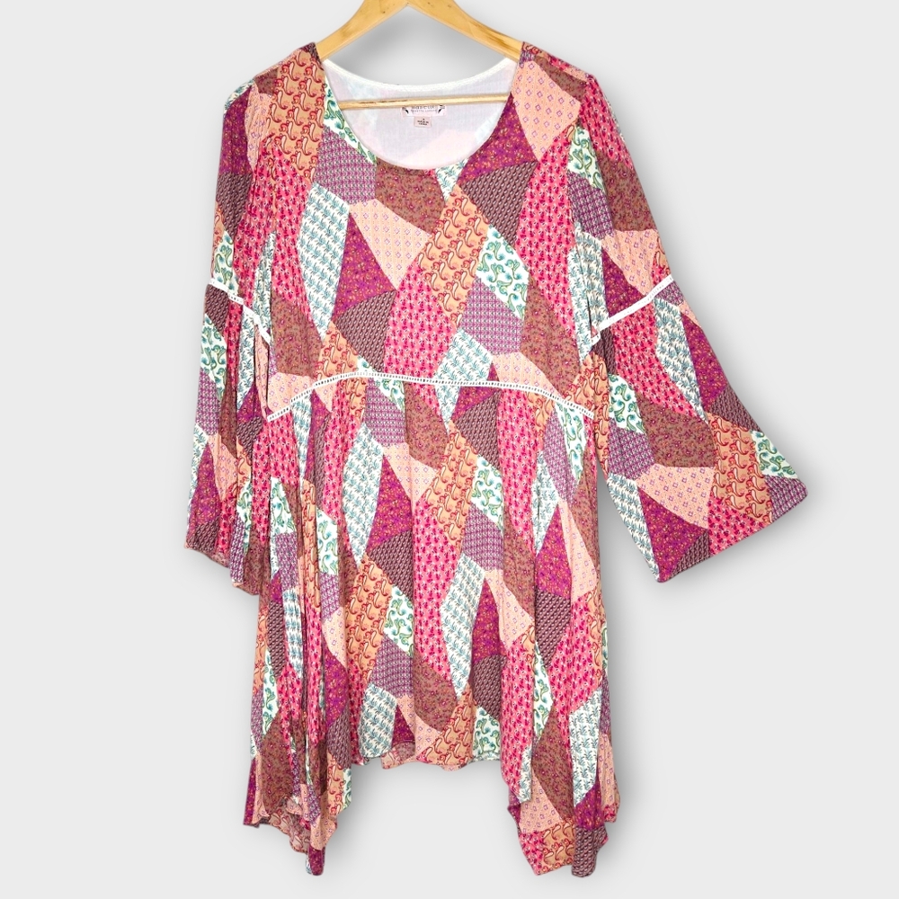 Nanette Lepore Patchwork Handkerchief Dress Size 16 Pink Bell Sleeve Bohemian